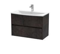 Nuie Havana Wall Hung 2 Drawer Vanity Basin Unit & Curved Ceramic Basin, Modern Sink Vanity Unit In Metallic Slate With White