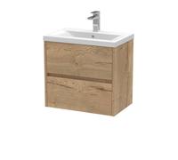 Nuie Havana Wall Hung 2 Drawer Vanity Basin Unit & Mid-Edge Ceramic Basin, Modern Sink Vanity Unit In Autumn Oak With White
