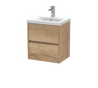 Nuie Havana Wall Hung 2 Drawer Vanity Basin Unit & Mid-Edge Ceramic Basin, Modern Sink Vanity Unit In Autumn Oak With White