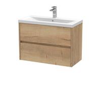 Nuie Havana Wall Hung 2 Drawer Vanity Basin Unit & Mid-Edge Ceramic Basin, Modern Sink Vanity Unit In Autumn Oak With White