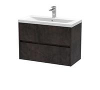 Nuie Havana Wall Hung 2 Drawer Vanity Basin Unit & Mid-Edge Ceramic Basin, Modern Sink Vanity Unit In Metallic Slate With White