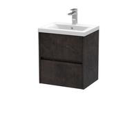 Nuie Havana Wall Hung 2 Drawer Vanity Basin Unit & Mid-Edge Ceramic Basin, Modern Sink Vanity Unit In Metallic Slate With White