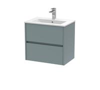 Nuie Havana Wall Hung 2 Drawer Vanity Basin Unit & Minimalist Ceramic Basin, Modern Sink Vanity Unit In Coastal Grey With White