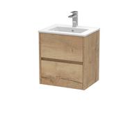 Nuie Havana Wall Hung 2 Drawer Vanity Basin Unit & Minimalist Ceramic Basin, Modern Sink Vanity Unit In Autumn Oak With White