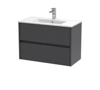 Nuie Havana Wall Hung 2 Drawer Vanity Basin Unit & Minimalist Ceramic Basin, Modern Sink Vanity Unit In Graphite Grey With White