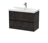 Nuie Havana Wall Hung 2 Drawer Vanity Basin Unit & Thin-Edge Ceramic Basin, Modern Sink Vanity Unit In Metallic Slate With White