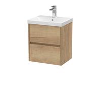 Nuie Havana Wall Hung 2 Drawer Vanity Basin Unit & Thin-Edge Ceramic Basin, Modern Sink Vanity Unit In Autumn Oak With White