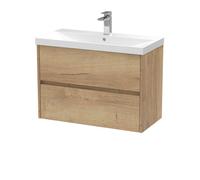 Nuie Havana Wall Hung 2 Drawer Vanity Basin Unit & Thin-Edge Ceramic Basin, Modern Sink Vanity Unit In Autumn Oak With White