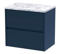 Nuie Havana Wall Hung 2 Drawer Vanity Unit with Carrera Marble Laminate Worktop | Satin Midnight Blue | MFC | 600mm