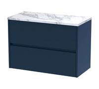 Nuie Havana Wall Hung 2 Drawer Vanity Unit with Carrera Marble Laminate Worktop | Satin Midnight Blue | MFC | 800mm