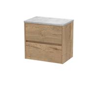 Nuie Havana Wall Hung 2-Drawer Vanity Unit & Worktop In Bellato Grey, Countertop Basin Unit In Autumn Oak, 600mm