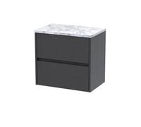 Nuie Havana Wall Hung 2-Drawer Vanity Unit & Worktop In Carrera Marble, Countertop Basin Unit, Graphite Grey Woodgrain, 600mm
