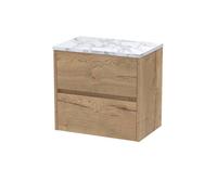 Nuie Havana Woodgrain Wall Hung 2 Drawer Vanity Unit with Carrera Marble Laminate Worktop | Autumn Oak | MFC | 600mm