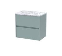 Nuie Havana Wall Hung 2-Drawer Vanity Unit & Worktop In Carrera Marble, Countertop Basin Unit In Coastal Grey, 600mm