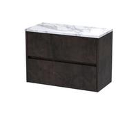 Nuie Havana Wall Hung 2-Drawer Vanity Unit & Worktop In Carrera Marble, Countertop Basin Unit In Metallic Slate, 800mm