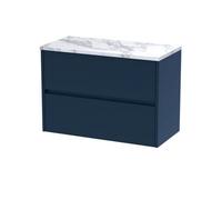 Hudson Reed Havana Wall Hung 2 Drawer Vanity Unit with Matt Carrera Marble Laminate Worktop | Midnight Blue | MFC | 800mm