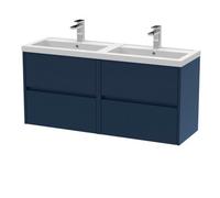 Nuie Havana Wall Hung 4-Drawer Unit & Double Polymarble Basin, Modern Sink Vanity Unit In Midnight Blue With White Basin