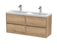 Nuie Havana Wall Hung 4 Drawer Vanity Basin Unit & Double Ceramic Basin, Modern Sink Vanity Unit In Autumn Oak With White Basin