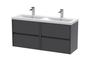 Nuie Havana Wall Hung 4 Drawer Vanity Basin Unit & Double Ceramic Basin, Modern Sink Vanity Unit In Graphite Grey With White