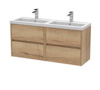Nuie Havana Wall Hung 4 Drawer Vanity Basin Unit & Double Polymarble Basin, Modern Sink Vanity Unit In Autumn Oak With White