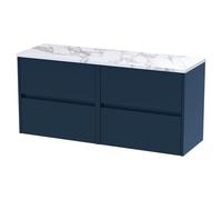 Nuie Havana Wall Hung 4 Drawer Vanity Unit with Carrera Marble Laminate Worktop | Satin Midnight Blue | MFC | 1200mm