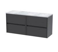 Nuie Havana Wall Hung 4-Drawer Vanity Unit & Worktop In Carrera Marble, Countertop Basin Unit, Graphite Grey Woodgrain, 1200mm
