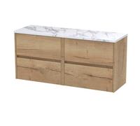 Nuie Havana Wall Hung 4-Drawer Vanity Unit & Worktop In Sparkling Black, Countertop Basin Unit In Autumn Oak, 1200mm