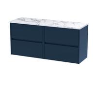 Hudson Reed HAV2904LCM2 Havana Modern Bathroom Wall Hung 4 Soft Close Drawer Vanity Unit and Carrera Marble Laminate Worktop, 1200mm, Midnight Blue