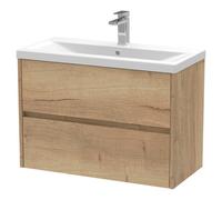 Nuie Havana Woodgrain Wall Hung 2 Drawer Vanity Unit and Mid Edge Ceramic Basin | Autumn Oak | MDF | 800mm