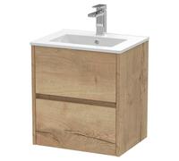 Nuie Havana Woodgrain Wall Hung 2 Drawer Vanity Unit and Minimalist Ceramic Basin | Autumn Oak | MDF | 500mm