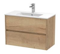 Nuie Havana Woodgrain Wall Hung 2 Drawer Vanity Unit and Minimalist Ceramic Basin | Autumn Oak | MDF | 800mm