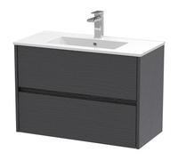 Nuie Havana Woodgrain Wall Hung 2 Drawer Vanity Unit and Minimalist Ceramic Basin | Graphite Grey | MDF | 800mm