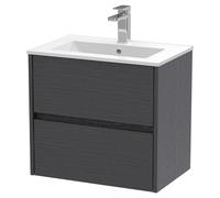 Nuie Havana Woodgrain Wall Hung 2 Drawer Vanity Unit and Minimalist Ceramic Basin | Graphite Grey | MDF | 600mm