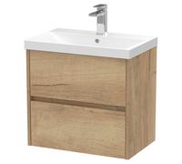 Nuie Havana Woodgrain Wall Hung 2 Drawer Vanity Unit and Thin Edge Ceramic Basin | Autumn Oak | MDF | 600mm