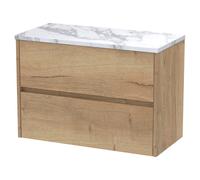 Nuie Havana Woodgrain Wall Hung 2 Drawer Vanity Unit with Carrera Marble Laminate Worktop | Autumn Oak | MFC | 800mm