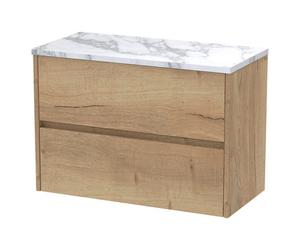 Nuie Havana Woodgrain Wall Hung 2 Drawer Vanity Unit with Carrera Marble Laminate Worktop | Autumn Oak | MFC | 800mm