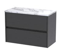 Nuie Havana Woodgrain Wall Hung 2 Drawer Vanity Unit with Carrera Marble Laminate Worktop | Graphite Grey | MFC | 800mm