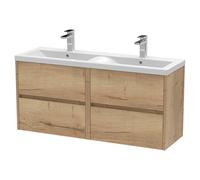 Nuie Havana Woodgrain Wall Hung 4 Drawer Vanity Unit with Double Ceramic Basins | Autumn Oak | MDF | 1200mm