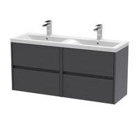 Nuie Havana Woodgrain Wall Hung 4 Drawer Vanity Unit with Double Ceramic Basins | Graphite Grey | MDF | 1200mm