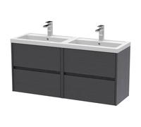 Nuie Havana Woodgrain Wall Hung 4 Drawer Vanity Unit with Double Poylymarble Basins | Graphite Grey | MDF | 1200mm