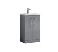 Nuie Hudson Reed Arno Compact Floor Standing 2 Door Vanity Unit With Ceramic Basin, Durable Modern Vanity Unit In Satin Grey, 500mm