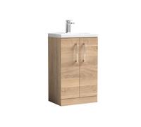 Nuie Hudson Reed Arno Compact Floor Standing 2 Door Vanity Unit With Ceramic Basin, Durable Modern Vanity Unit In Bleached Oak, 500mm