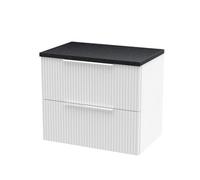 Nuie Hudson Reed Fluted Wall Hung 2-Drawer Vanity Unit & Black Laminate Worktop, Stylish Counter Top Vanity Unit In Satin White, 600mm