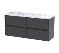 Nuie Hudson Reed Havana Wall Hung 4 Drawer Vanity Unit with Matt Carrera Marble Laminate Worktop | Graphite Grey | MFC | 1200mm
