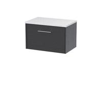 Nuie Hudson Reed Juno Wall Hung 1-Drawer Vanity & Sparkling White Worktop, Countertop Basin Unit In Graphite Grey Woodgrain, 600mm