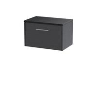 Nuie Hudson Reed Juno Wall Hung 1-Drawer Vanity Unit & Black Worktop, Countertop Basin Unit In Graphite Grey Woodgrain, 600mm