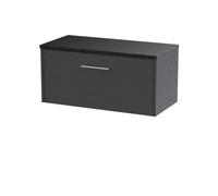 Nuie Hudson Reed Juno Wall Hung 1-Drawer Vanity Unit & Black Worktop, Sleek Countertop Basin Unit In Graphite Grey Woodgrain, 800mm