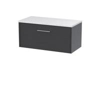 Nuie Hudson Reed Juno Wall Hung 1-Drawer Vanity Unit & White Worktop, Sleek Countertop Basin Unit In Graphite Grey Woodgrain, 800mm