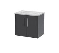 Nuie Hudson Reed Juno Wall Hung 2-Door Vanity Unit & Bellato Grey Worktop, Countertop Basin Unit In Graphite Grey Woodgrain, 600mm