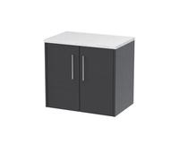 Nuie Hudson Reed Juno Wall Hung 2-Door Vanity Unit & Sparkling White Worktop, Countertop Basin Unit In Graphite Grey Woodgrain, 600mm